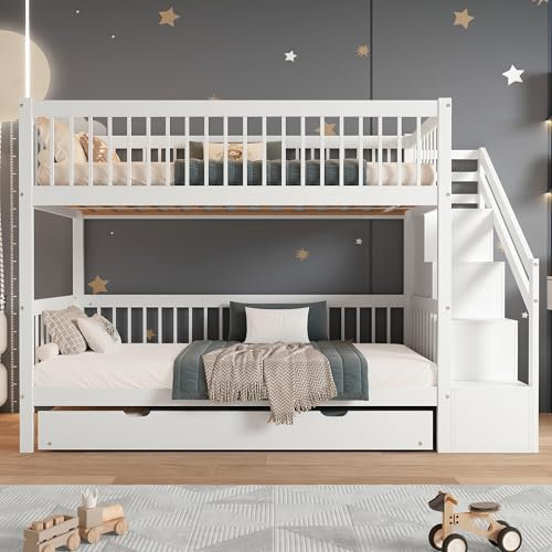 ZYLOYAL10 90 * 200cm Kinderhochbett mit Stauraumtreppe (Weiß - F)