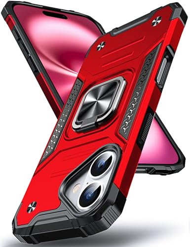 DASFOND Designed for iPhone 16 Case, Military Grade Shockproof Protective Phone Case Cover with Enhanced Metal Ring Kickstand [Support Magnet Mount] for iPhone 16 6.1 Inch, Red