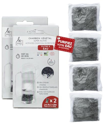 Le Charbon Actif Français filtres à eau Charbon actif végétal français X4, Granules charbon actif - Filtre en 20 MINUTES seulement - Naturel pour carafe, bouteille - Filtre l'eau courante du robinet