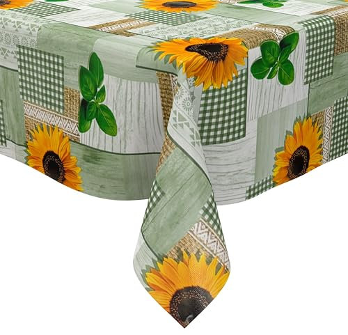 KEVKUS Wachstuch Tischdecke 160 cm Breite PC130-2 grün Sonnenblumen wählbar in eckig, rund und oval - Größe eckig 160x280cm Schnittkante