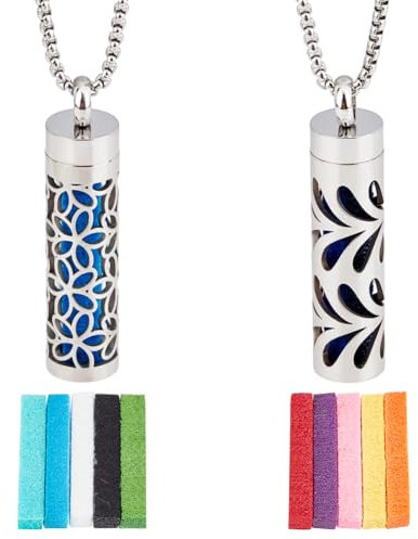 DELORIGIN 2 Styles Essential Oil Necklace Scent Diffuser Aromatherapy Pendant with 20 Felt Pad Hollow Flower Stainless Steel Perfume Necklace for Women Gift Christmas Birthday Valentine's Day