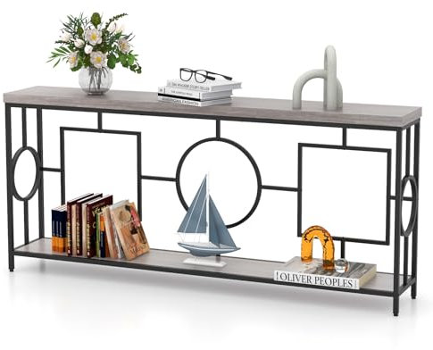 LIFEZEAL Konsolentisch 180 cm, Flurtisch mit 2 Ebenen, Schmaler Eingangstisch Wohnzimmertisch mit Metallgestell, Beistelltisch für Flur, Wohnzimmer (Rustikales Grau + Schwarz)