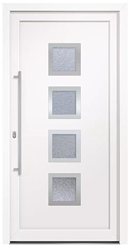 HORI Haustür Komplettset I Eingangstür aus Kunststoff mit 2-fach ISO Wärmeschutzglas I Stoßgriffset inkl. Edelstahlgriff & 5-fach Pilzkopf-Verriegelung - Farbe: weiß - DIN links - Modell: Square - 208