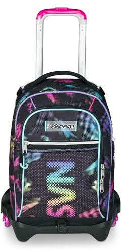 Seven Trolley Scuola Jack 3 Ruote, Nero Fucsia, Zaino Con Carrello Sganciabile Da 34 L, Tasca Borraccia e Crossover System, Maneggevole Resistente, Scuola Elementare e Media, Zaino Bambina