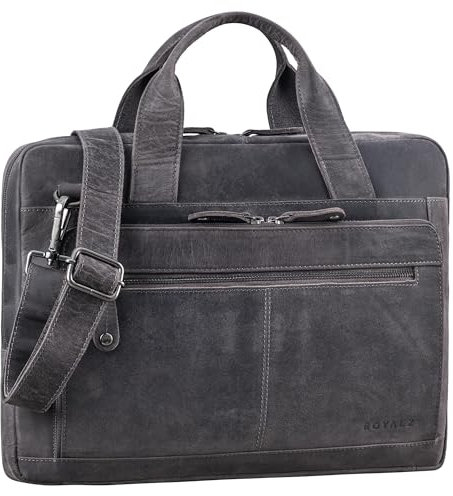 ROYALZ 'Houston' sacoche plate en cuir homme femme - sacoche vintage 14-15 pouces pour ordinateur portable sac a dos en cuir véritable business serviette bureau loisirs, Couleur:Navy Gris