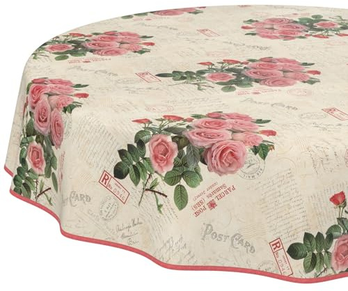 ANRO Wachstuchtischdecke Wachstischdecke Wachstuch Tischdecke abwaschbar Gartentischdecke Postkarte Rosen Rund 140cm mit Saum (Eingefasst)
