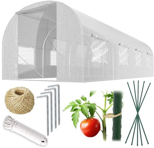 Plonos Serre Tunnel en Film Plastique avec Cadre en Acier - avec Support pour Plantes - 3 x 4,5 x 2 m - 13,5 m² - Blanc
