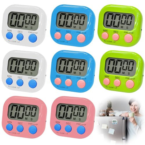 Lot de 8 chronomètres magnétiques : WIYETY Minuteur de Cuisine numérique 4 Couleurs avec Horloge et Grand écran LCD Silencieux pour Cuisines, Bureaux, Sports (Piles Non incluses)