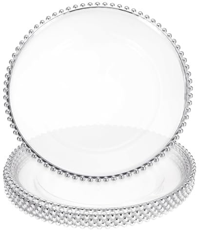 QUARKZMAN 6 Stück klare Ladeteller im Großhandel, 13 Kunststoff-Rundladeteller mit Perlenverzierung für Abendessen und Dessertteller für Hochzeitsfeier,Veranstaltungstischdekoration, Silber