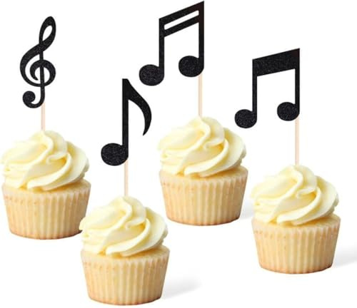 36pcs Musical Notes Cupcake Toppers，Black Glitter Note Cupcake Picks For Rock Music Concerts, Themed Parties, And Birthdays Party Decorations