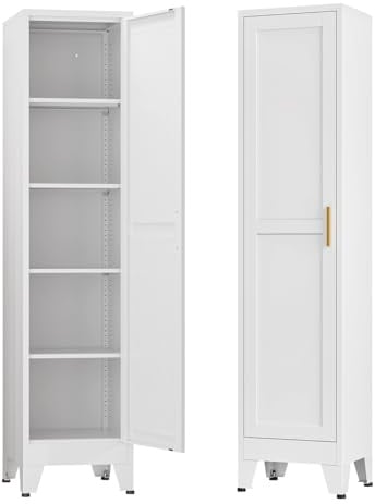 Mehrzweckschrank 40 cm breit, küchenschrank mit 1 Tür, Verstellbarer 5-Stufiger Metallschrank, Vorratsschrank, Allzweckschrank, Schrank Schmal für Küche, Esszimmer, Wohnzimmer und Badezimmer-Weiß-C
