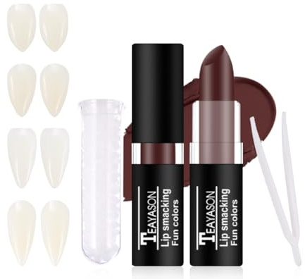 PASNOWFU Halloweenfor Vampire Fangs Kit - Professional Fake Teeth Set with 4 Pairs Fake Teeth, Red Lipstick, Tooth Glue for Halloween Cosplay SFX Makeup, Costume Parties, Theater Performances