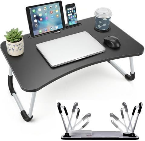 LKH Lap Tray Folding Desk Laptop Table Bed Desk with Cup Holder Tablet Slot - Portable Bed Tray with Anti-Slip Legs, Laptop Table for Bed, Sofa & Home Office, Iron Frame for Reading & Breakfast
