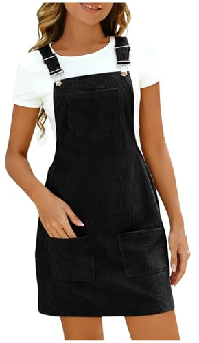 Women's Corduroy Overall Dresse Casual Pinafore Dress Square Neck Solid Pocket Front Wide Straps Short Dungarees Sleeveless Vintage Mini Dress Black