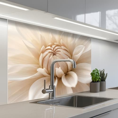 KitchenYeah© Rückwand Küche Rückwandschutz Selbstklebend Spritzschutz | 80x100 cm - Küchenrückwand Küchenfront Küchen Selbstklebende Küchenrückwände Blume - Dahlie - Weiß