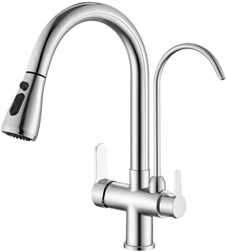 Vuadzren Rubinetto Vuadzren 3-in-1 ottone, acqua potabile, girevole a 360°,comando a due leve, attacchi caldo/freddo/filtrato, alta pressione, doccetta estraibile.