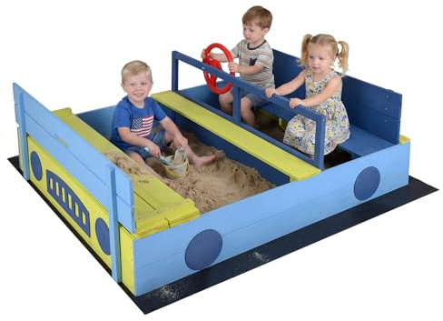 HOMASIS Sabbiera da Esterno per Bambini 18+ Mesi, per Spiaggia e Giardino | Sabbionaia Interattiva in Legno Massello con Coperchio, 2 Panche, Sandbox a Forma di Macchina senza Fondo, con Fodera