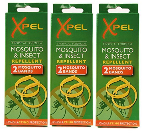 3 cajas de 2 bandas repelentes de insectos con fórmula tropical para mosquitos para adultos (libre de DEET) por XPEL