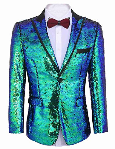 Coofandy Herren Glänzende Pailletten Jackett Blazer mit einem Knopf Smoking für Party, Hochzeit, Bankett, Prom groß Blau