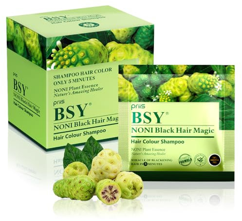 BSY Noni Black Hair Magic Haarfärbe-Shampoo (12mlx12 Sachets) | Ammoniakfreie Haarfarbe für Männer und Frauen | Natürliche schwarze permanente Haarfarbe | Noni-Frucht-Haarfärbung | 5 Minuten Haarfarbe