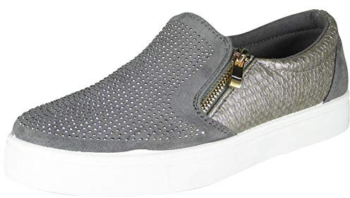 LoudLook Ladies Flat Trainers Womens Bling Zip Gym Sneakers Pumps Slip On Shoes Size 6 Grey