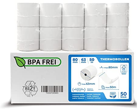 Lot de 50 rouleaux de papier thermique sans BPA 80 mm x 63 mm x 12 mm – 50 m – Certifié pour imprimantes de caisse telles que Epson, IBM, Metapace, etc.