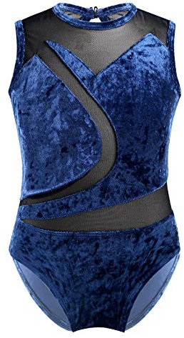 YiZYiF Gymnastikanzug für Mädchen Kinder Turnanzug Samt Ballett Trikot Leotard Gymnastik Dancewear Wettkampf Tanzbekleidung Gr.98-164 Marineblau 134-140