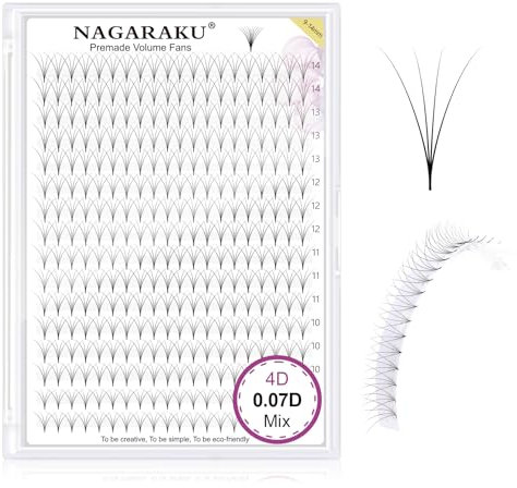 NAGARAKU Eyelash Extensions 320 Pcs Premade Fans Russian Volume Long Stem Premade Fans Thin Pointy Base Natural Pre Fanned Fluffy False Eyelash Clusters Black 16 Rows (4D 0.07 D Curl 9-14mm Mix Tray)