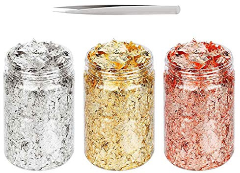 45g Foil Flakes, BetterJonny 3 Bottles Gold Leaf Flakes Gold Foil Copper Leaf Silver Leaf Metallic Foil Flakes with Tweezer for DIY Craft