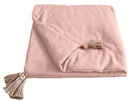 Enjoy Home – Edredon Décoratif - Vieux Rose avec 4 Pompons Jute – 90x190cm - 100% Coton – Certifié Oeko-TEX – Collection Panama