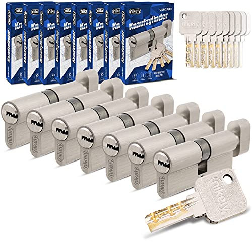 GERCAR Pro Gleichschließend 7 Knaufzylinder 45/45 Set 7x Schließzylinder mit Knauf inkl. 35 Schlüssel - 90 mm Türschloss Zylinderschloss 7er Zylinder - Länge: 90mm, A:45 B:45 - Messing matt massiv
