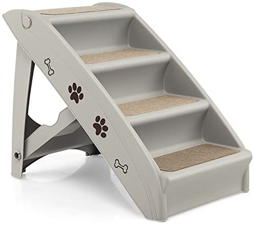 Maxmass Folding Dog Steps, Portable Pet Stairs with Non-slip Footpads, Comfortable Felt and Adorable Pattern, Access Pet Ladder Ramp for High Bed, Couch and Sofa (Grey)