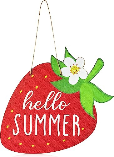 Haooryx Strawberry Welcome Door Sign - Hello Summer Strawberry Wood Hanging Door Sign Plaque Front Door Wall Porch Wooden Hanging Decoration Housewarming Gifts Home Office Store Pubs Club Wooden Decor