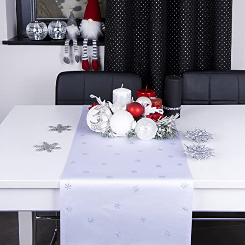 DECOOR Tischläufer für Weihnachten - schmutzabweisendes Tischband, 40 x 140 cm, Weiß, Weinachtstischläufer aus 200 g/m² Stoff, Kristallen in Form von Schneeflocken, hergestellt in der EU