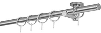 ondeco Gardinenstange auf Maß 20mm Match 1-lauf Vorhangstange Deckenträger 5,5cm Stilgarnitur mit Ringen für Vorhänge Edelstahl-Optik 130cm