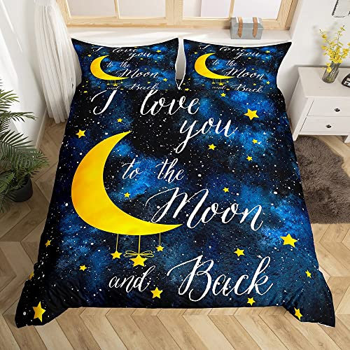 Stars and Moon Bettbezug-Set 135 x 200 cm,Aquarell,Marineblau,Galaxie,Weltraum,Nebel,Universum,Bettbezug für Kinderzimmer,Jungenzimmer,I Love You in the Moon and Back, Bettbezug mit 1 Kissenbezug