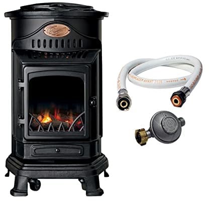UNIVERSAL - Chauffage d'appoint gaz Provence 3,4 KW Noir mat Poêle à gaz effet bois Fonte véritable Tuyau gaz vissable 1.5 m + detendeur butane