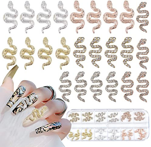 NICENEEDED 24Pcs 3D Schlange Nagel Charms, Legierungs-Wellen-Schlangen-Nagel-Strasssteine, Gold-Silber-Roségold-Große Tiernagel-Edelsteine Mit Kasten-Nagel-Zubehör
