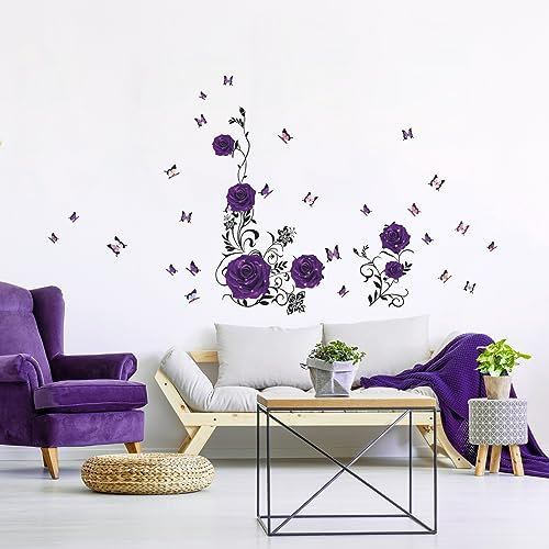 Tanlaby Stickers Muraux Roses Pourpre Autocollants Muraux Fleurs de Roses Sticker Mural Pivoine Pourpre pour Fille Femme Salons Chambres Bureaux Canapé Fond Décoration Murale De La Maison
