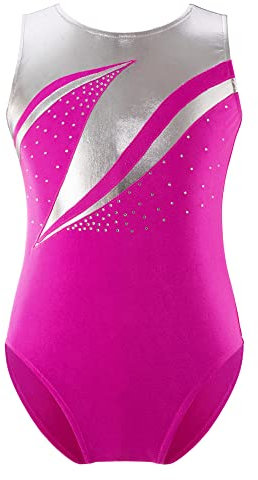 iEFiEL Mädchen Turnanzug Glitzer Gymnastikanzug ÄrmellosTurnanzug Glänzend Trikotanzug Gymnastik Leotard Training Gymnastikbody Stern Hot Pink 158-164