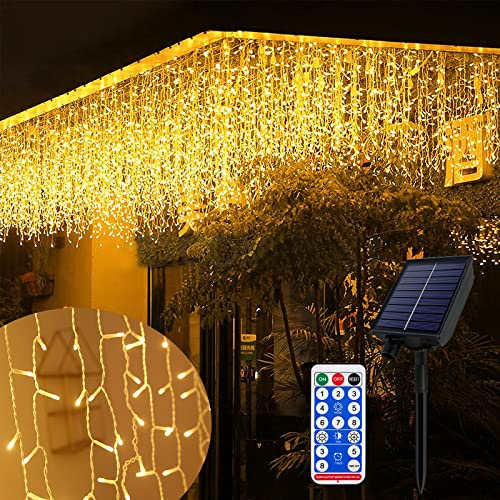 XMTECH Solar LED Lichterkette Lichtervorhang Außen, 5m 200 LED Warmweiß USB-Betrieben, Eisregen Lichterkette Mit 8 Modi Timer für Weihnachten Party Garten Deko