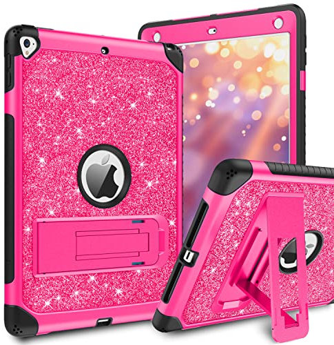 BENTOBEN for Case for iPad Air 2/iPad 9.7 2017/2018/Pro 9.7, iPad 5th/6th Generation Case, Glitter 3Layer Full Body Protective Kickstand Durable Girls Women Kids Tablet Cover, Hot Pink
