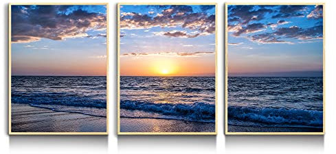 hyidecorart Bilder Mit Rahmen Holz Leinwandbild Sonnenuntergang Strand, Meer Landschaft Modern Kunstdruck Wanddeko Wandbilder Wohnzimmer Schlafzimmer Küche Esszimmer und Badezimmer
