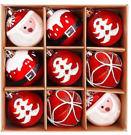 Belle Vous 9 Pack of Red Santa Design Christmas Tree Baubles - 5.8cm/2.28 Inches Plastic Shatterproof Ball Ornaments - Hanging Bauble Decorations for Xmas Tree, Home, Holiday Party, or Wedding