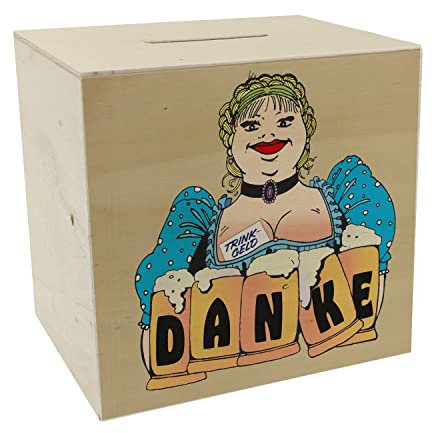 Bierzeltbedienung mit Maßkrügen Danke Spardose aus Holz in braun für Trinkgeld mit Danksagung an den Spender der eine Münze in die Bierkasse wirft um Trinkgeld für Barkeeper zu