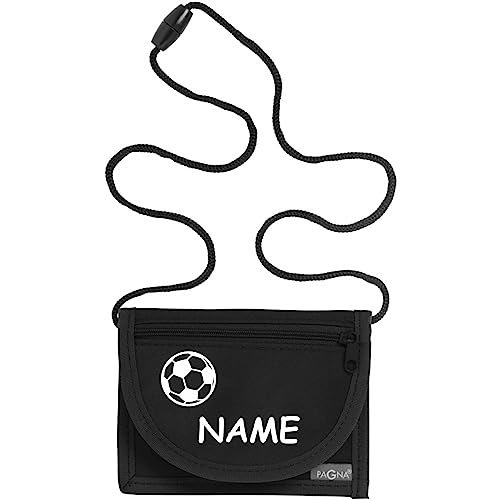 Kiwistar - Brustbeutel schwarz - Fussball - 13 x 10 cm Geldbeutel zum umhängen - Geldbörse für Jungen & Mädchen mit Namen individuell personalisiert
