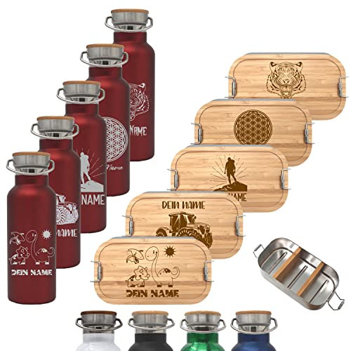 Generisch Brotdose 1800ml mit Fächern und Trinkflasche 500ml aus Edelstahl mit Namen personalisiert, Lunchbox und Isolierflasche für Kinder und Erwachsene Brotzeitbox (Flasche ROT, Lunchbox 1800ml)