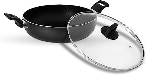 Bargain House Frying Pan - Tempered Glass Lid - Non-Stick Coating & - Saute Pan - Frying pan with Heat-Resistant Handle - Stir Fry Cookware Pan- Double Handle – PFOA Free- (Black, 28 CM)