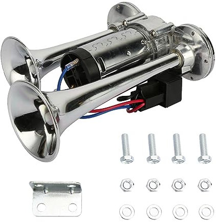 Luojuny 12V Truck Train Air Horn 600DB Super Loud Truck Horn Electric Car Air Horn Kit with Compressor & Double Trumpet - Electric Air Horn for Boat, Trucks, SUV Cars, Lorrys, Ship Mental