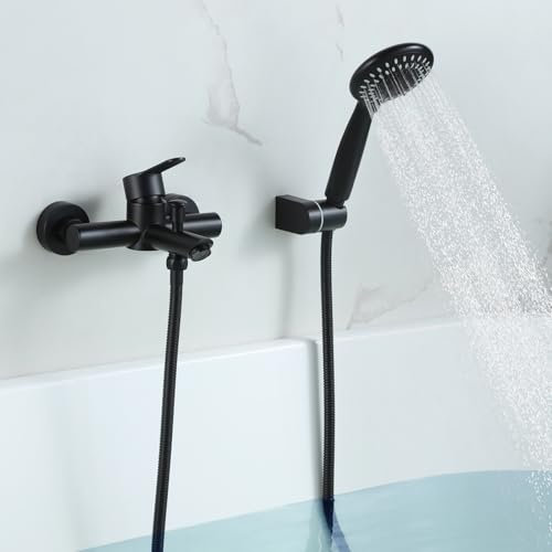 BAITUJIE Rubinetto Doccia Nero, Rubinetto per Vasca con doccetta 5 Modalità, Con Regolabile Supporto per Doccia e Tubo Da 150cm